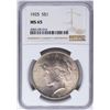 Image 1 : 1925 $1 Peace Silver Dollar Coin NGC MS65 Nice Toning