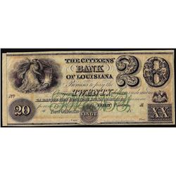 1800's $20 Citizens Bank of Louisiana Obsolete Note