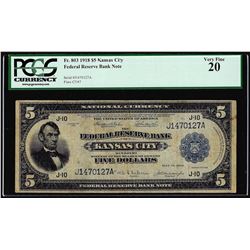 1918 $5 Federal Reserve Bank Note Kansas City Fr.803 PCGS Very Fine 20