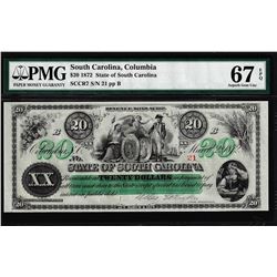 1872 $20 State of South Carolina Obsolete Note PMG Gem Unc. 67EPQ Low Serial Number