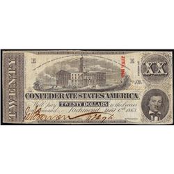 1863 $20 Confederate States of America Note Cut Canceled