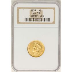 1859 $3 Indian Princess Head Gold Coin NGC AU53