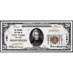 1929 $20 National City Bank New York, NY CH# 1461 National Currency Note