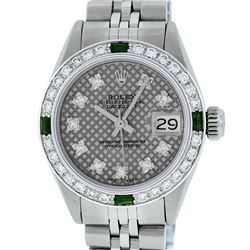 Rolex Ladies Stainless Steel Slate Grey Stamp Diamond & Emerald Datejust Wristwatch