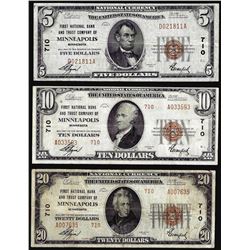 Set of 1929 $5/$10/$20 Minneapolis, MN CH# 710 National Currency Notes