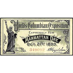 1893 World's Columbian Exposition Ticket Manhattan Day