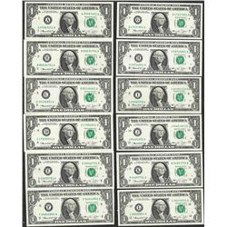 District Set of (12) 1974 $1 Federal Reserve Notes