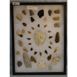Tray of 38 artifacts, 5 knives, 10 scrapers, 23 arrowheads,  16"x 12", Basket Ellis Ranch, Choteau, 