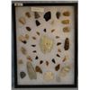 Image 1 : Tray of 38 artifacts, 5 knives, 10 scrapers, 23 arrowheads,  16"x 12", Basket Ellis Ranch, Choteau, 