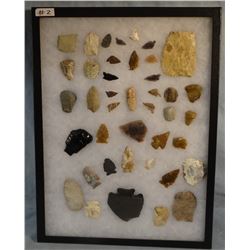 Tray of 40 artifacts, 10 knives, 8 scrapers, 19 arrowheads, 1 big spear, 2 drills, 16"x 12"