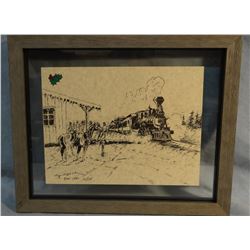 Cheek, C. R. Christmas card pen/ink prints, signed, 8” x 6”, Train Arriving At Station, 10/175, Dec.