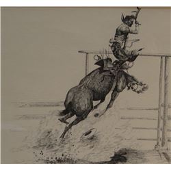 Cuts The Rope, Clarence, original pen/ink, Saddle Bronc Champion, 1972, 12" x 18"