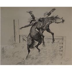 Cuts The Rope, Clarence, original pen/ink, Bareback Bronc Champion, 1972, 12" x 18"