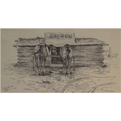 Cuts The Rope, Clarence, origina pen/ink, Log Cabin Saloon, Poplar, MT, 1972, 12  x 18 