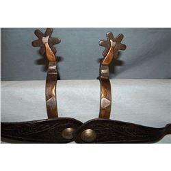 Lady leg blacksmith-made spurs w/steer heads on bands, from ranch on Upper Rosebud Creek, Montana