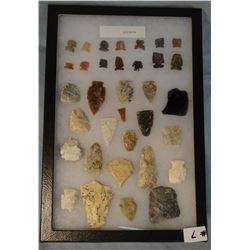 Tray of 34 artifacts, 24 arrowheads, 3 knives, 2 drills, 5 scrapers, 12"x 8", McBride Trap, Simms, M