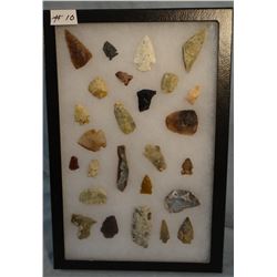 Tray of 27 artifacts, 15 arrowheads, 6 scrapers, 4 knives, 2 drills, 12"x 8", Sun River Drainage, MT