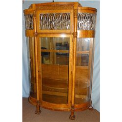 Fancy oak curved glass china cabinet w/ leaded glass, claw feet, wooden shelves, mirrored back, 74” 