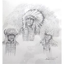 Cuts The Rope, Clarence, original pen/ink, 3 indian portraits, 1995, 12" x 16"