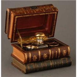 FRENCH FAUX BOOK DECANTER SET leather clad, 5 hig