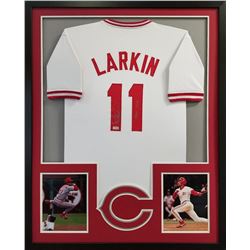Barry Larkin Signed 34x42 Custom Framed Jersey Inscribed "HOF 12" (Radtke COA)