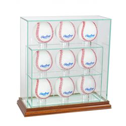 Premium 7-9 Baseball Upright Glass Display Case with Mirrored Walnut Wood Base (New)