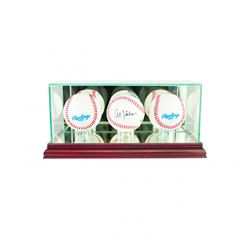 Premium Triple Baseball Display Case with Mirrored Cherry Wood Base  Mirrored Back
