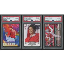 Lot of (3) PSA Graded 10 Shohei Ohtani Baseball Cards with 2018 Diamond Kings Aurora #10, 2018 Leaf 