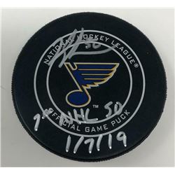 Jordan Binnington Signed St. Louis Blues Logo Hockey Puck Inscribed "1st NHL S0"  "1/7/19" (Fanatics