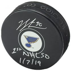Jordan Binnington Signed St. Louis Blues Logo Hockey Puck Inscribed "1st NHL S0"  "1/7/19" (Fanatics