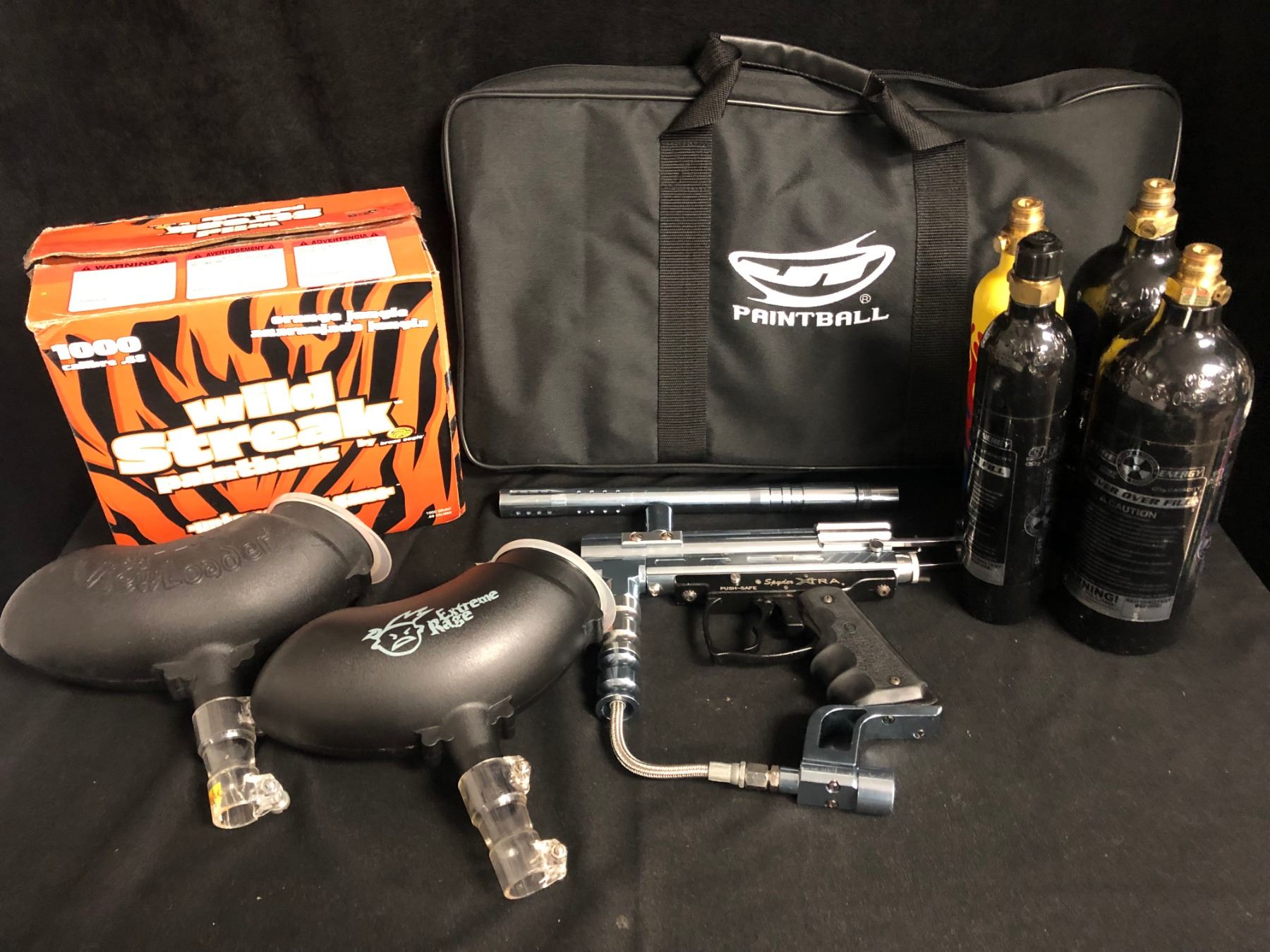 NEW PAINTBALL LOT (HOPPERS/ GUN/ PAINT BALLS/ CANISTERS)