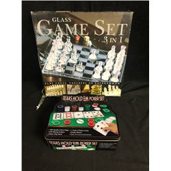 GLASS GAME SET 3 IN 1CHESS/ CHECKERS/ BACKGAMMON & TEXAS HOLD EM' POKER SET