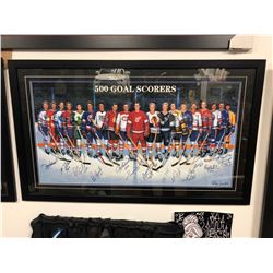 AUTOGRAPHED 500 NHL GOAL SCORERS 42" X 26" FRAMED PRINT W/ HOWE, HULL, BUCYK, BELIVEAU, LAFLEUR...