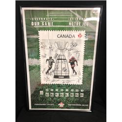 100TH CFL GREY CUP AUTOGRAPHED CANADIAN STAMP POSTER w/ MOSCA, SCHULTZ, MOON, ALLEN, DUNIGAN,