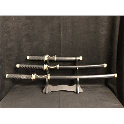 3 PIECE SWORD SET WITH DISPLAY RACK