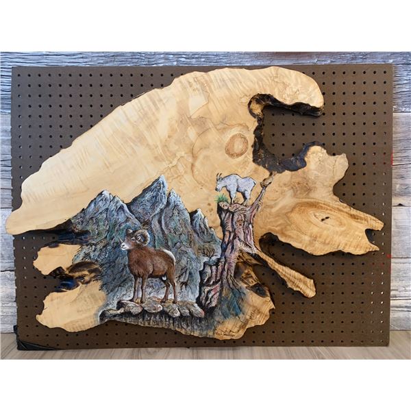 Bighorn & Mountain goat wood carving artwork