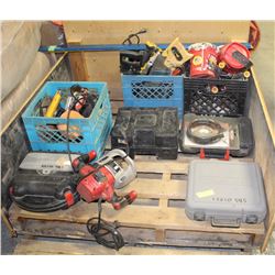 PALLET OF TOOLS INCLUDING DREMEL, SKIL, DEWALT
