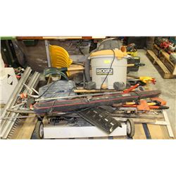 PALLET INCLUDING RIDGID VACUUM, YARD TOOLS AND