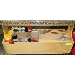 WOOD TOOL BOX WITH TOOLS & SEALERS