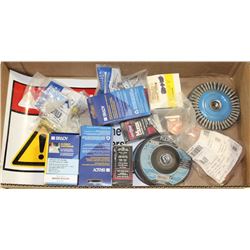 BOX OF MISC INCL HOLE SAW, GRINDING DISCS,