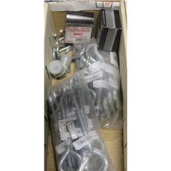 BOX OF SPADE TERMINALS, EYE BOLTS, HOOKS AND MORE