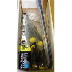 BOX W/ WRENCHES, BALLPOINT SCREW DRIVERS, SAW