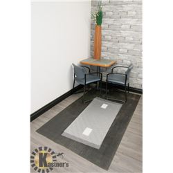 LOT WITH TWO WAITING ROOM CHAIRS, TABLE, FLOOR MAT