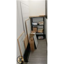 BUNDLE OF WHITE BOARDS, PLASTIC SHELVING,