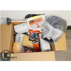 BOX OF WORK GLOVES, ICE CLEATS, HIGH VIZ SAFETY