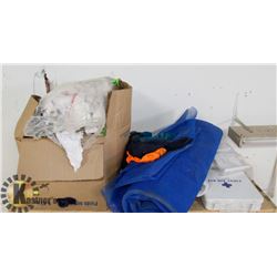 SHELF WITH RAGS, FIRST AID KIT, AND MORE