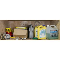 SHELF OF FASTENERS, CHEMICALS, CAUTION