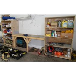SHELVING UNIT WITH WORKBENCH, CLAMPS,
