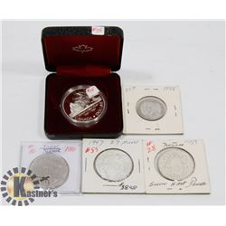 LOT OF 5 CANADA COINS 1987 SILVER $1, 1984 $1,