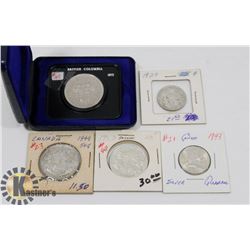 LOT OF 5 CANADA COINS, 1971 $1, 1929 QUARTER,